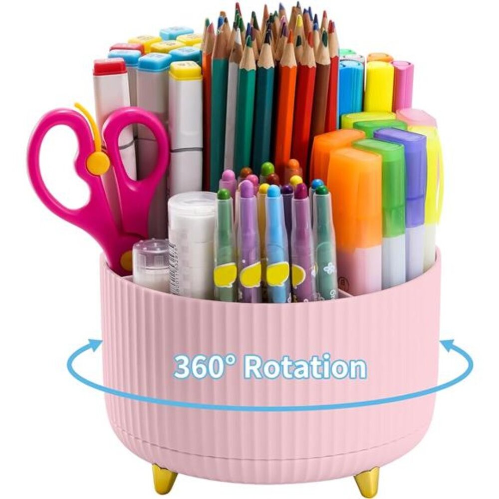 360°‎ Rotating Pink Pen Holder: 5-Compartment Desk Organizer for Office & Home